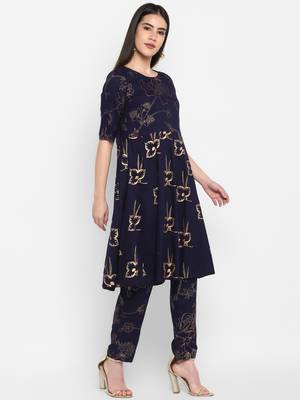 Navy Gold foil printed Round neck Knee long Rayon Anarkali Kurta & Kurti Pants set for Women 5