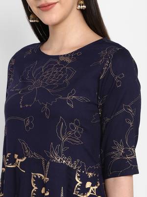 Navy Gold foil printed Round neck Knee long Rayon Anarkali Kurta & Kurti Pants set for Women 6
