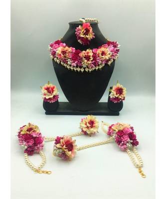Fashion Jewellery Pink Color Floral Gota Patti Mehandi Haldi Necklace, Earrings And Maang Tika For Women And Girls 1
