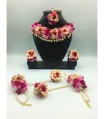 Fashion Jewellery Pink Color Floral Gota Patti Mehandi Haldi Necklace, Earrings And Maang Tika For Women And Girls