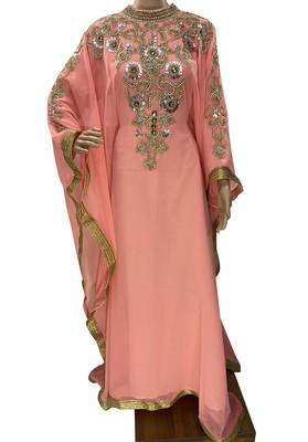 peach georgette moroccan islamic dubai kaftan farasha zari and stone work dress 1