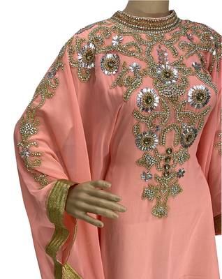 peach georgette moroccan islamic dubai kaftan farasha zari and stone work dress 2
