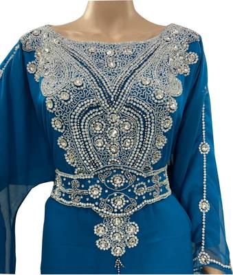 turquoise georgette moroccan islamic dubai kaftan farasha zari and stone work dress 2