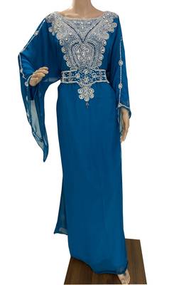 turquoise georgette moroccan islamic dubai kaftan farasha zari and stone work dress 3
