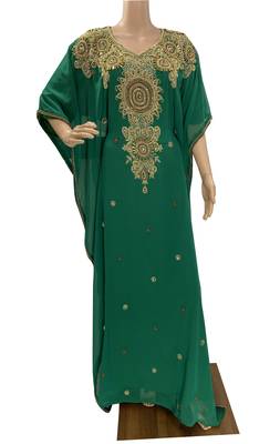 green georgette moroccan islamic dubai kaftan farasha zari and stone work dress 1