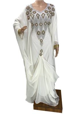 white georgette moroccan islamic dubai kaftan farasha zari and stone work dress 1