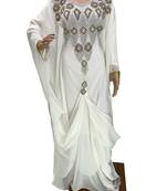 white georgette moroccan islamic dubai kaftan farasha zari and stone work dress