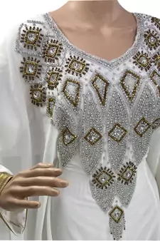 white georgette moroccan islamic dubai kaftan farasha zari and stone work dress