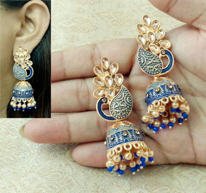 Lalso Beautiful Kundan MultiColour Meenakari Matt Finish Peacock Jhumka Earrings - LMNJ01_BL