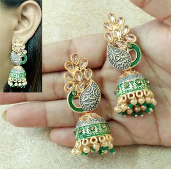 Lalso Beautiful Kundan MultiColour Meenakari Matt Finish Peacock Jhumka Earrings - LMNJ01_GR 1