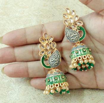 Lalso Beautiful Kundan MultiColour Meenakari Matt Finish Peacock Jhumka Earrings - LMNJ01_GR 2