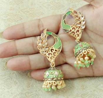 Lalso Beautiful Kundan MultiColour Meenakari Matt Finish Peacock Jhumka Earrings - LMNJ05_PGR 2