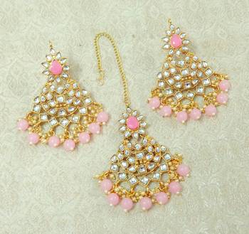 Lalso Beautiful Baby Pink Kundan Maangtikka Earring Set Combo Jewelry - LKTE02_BP 1