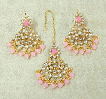 Lalso Beautiful Baby Pink Kundan Maangtikka Earring Set Combo Jewelry - LKTE02_BP 2