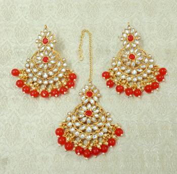 Lalso Beautiful Red Kundan Maangtikka Earring Set Combo Jewelry - LKTE04_RD 2