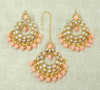 Lalso Beautiful Peach Kundan Maangtikka Earring Set Combo Jewelry - LKTE05_PH 2