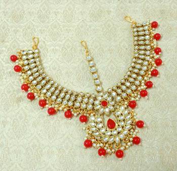 Lalso Designer Red Kundan Heavy Bridal Wedding Mathapatti Hair Jewelry - LHMP03_RD 1