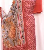 Peach Orange Cotton Silk Geometrical Print Suit Fabric
