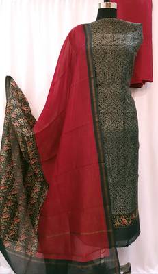 Black Red Chanderi Silk Unstitched Suit Fabric 1