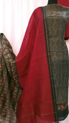 Black Red Chanderi Silk Unstitched Suit Fabric 2