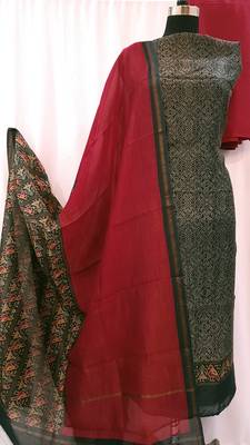 Black Red Chanderi Silk Unstitched Suit Fabric 3