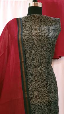 Black Red Chanderi Silk Unstitched Suit Fabric 4