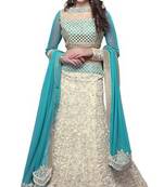 beige embroidered net unstitched bridal lehengas