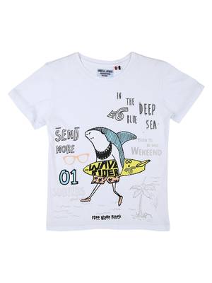 White Printed Cotton Boys Tshirts 1