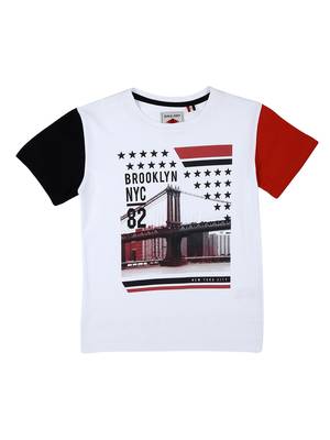 White Printed Cotton Boys Tshirts 1