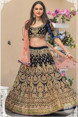 Navy Blue Embroidered Velvet Semi Stitched Lehenga 1