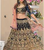 Navy Blue Embroidered Velvet Semi Stitched Lehenga