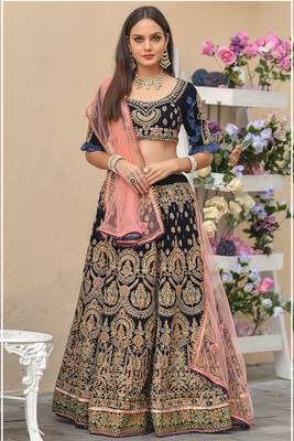 Navy Blue Embroidered Velvet Semi Stitched Lehenga 2