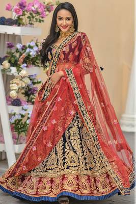 Navy Blue Embroidered Velvet Semi Stitched Lehenga 1