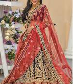 Navy Blue Embroidered Velvet Semi Stitched Lehenga