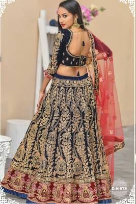 Navy Blue Embroidered Velvet Semi Stitched Lehenga 2