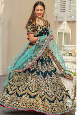 Teal
 Embroidered Velvet Semi Stitched Lehenga 1