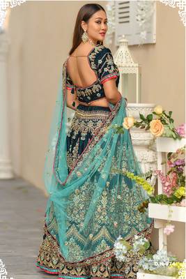 Teal
 Embroidered Velvet Semi Stitched Lehenga 2