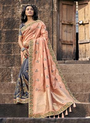Peach woven silk blend saree with blouse 1