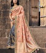 Peach woven silk blend saree with blouse