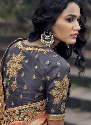 Peach woven silk blend saree with blouse 2