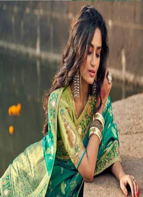 Teal woven silk blend saree with blouse 2