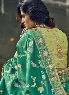Teal woven silk blend saree with blouse 3