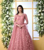 Dusty Peach Thread Embroidery Net Semi Stitched Gown