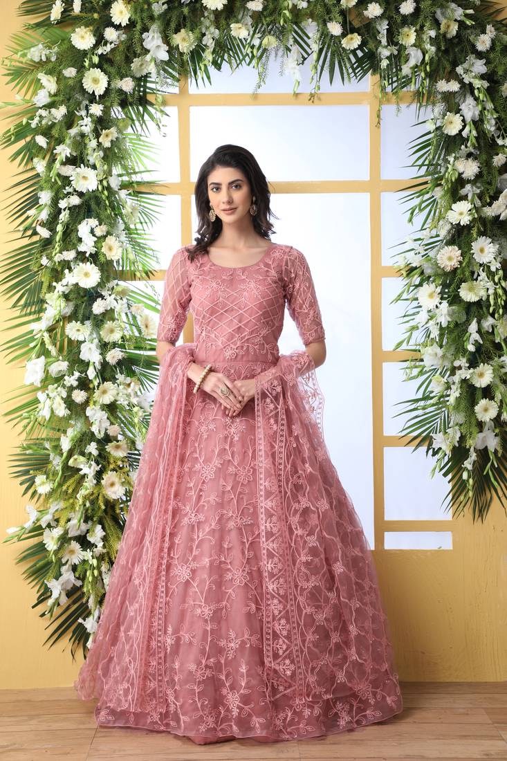Dusty Peach Thread Embroidery Net Semi Stitched Gown