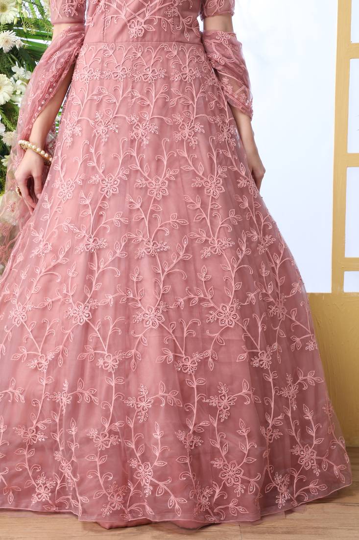 Dusty Peach Thread Embroidery Net Semi Stitched Gown