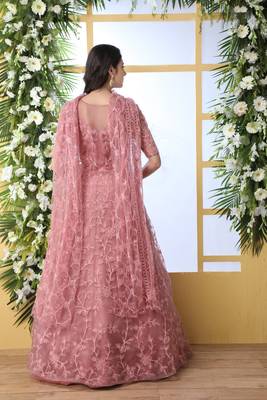 Dusty Peach Thread Embroidery Net Semi Stitched Gown 5