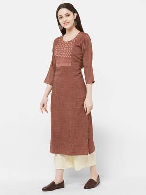 Brown embroidered rayon ethnic-kurtis 3