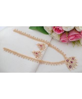 Grand Cubic Zircon Long Necklace With Flower Design Pendant & Matching Ear Rings 1