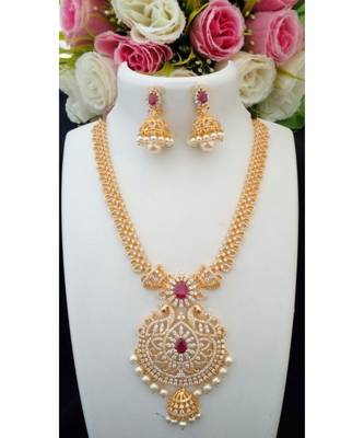 Elegant Designer Cubic Zircon Necklace with Peacock Pendant & Matching Jhumkas 1