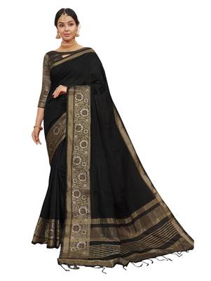 Black woven cotton silk saree with blouse 1